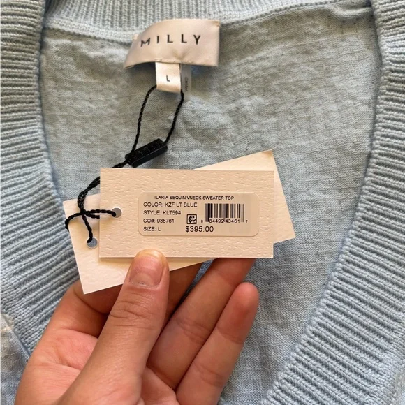 milly women’s ilaria sequin v-neck sweater | size L | color: light blue - Picture 5 of 5